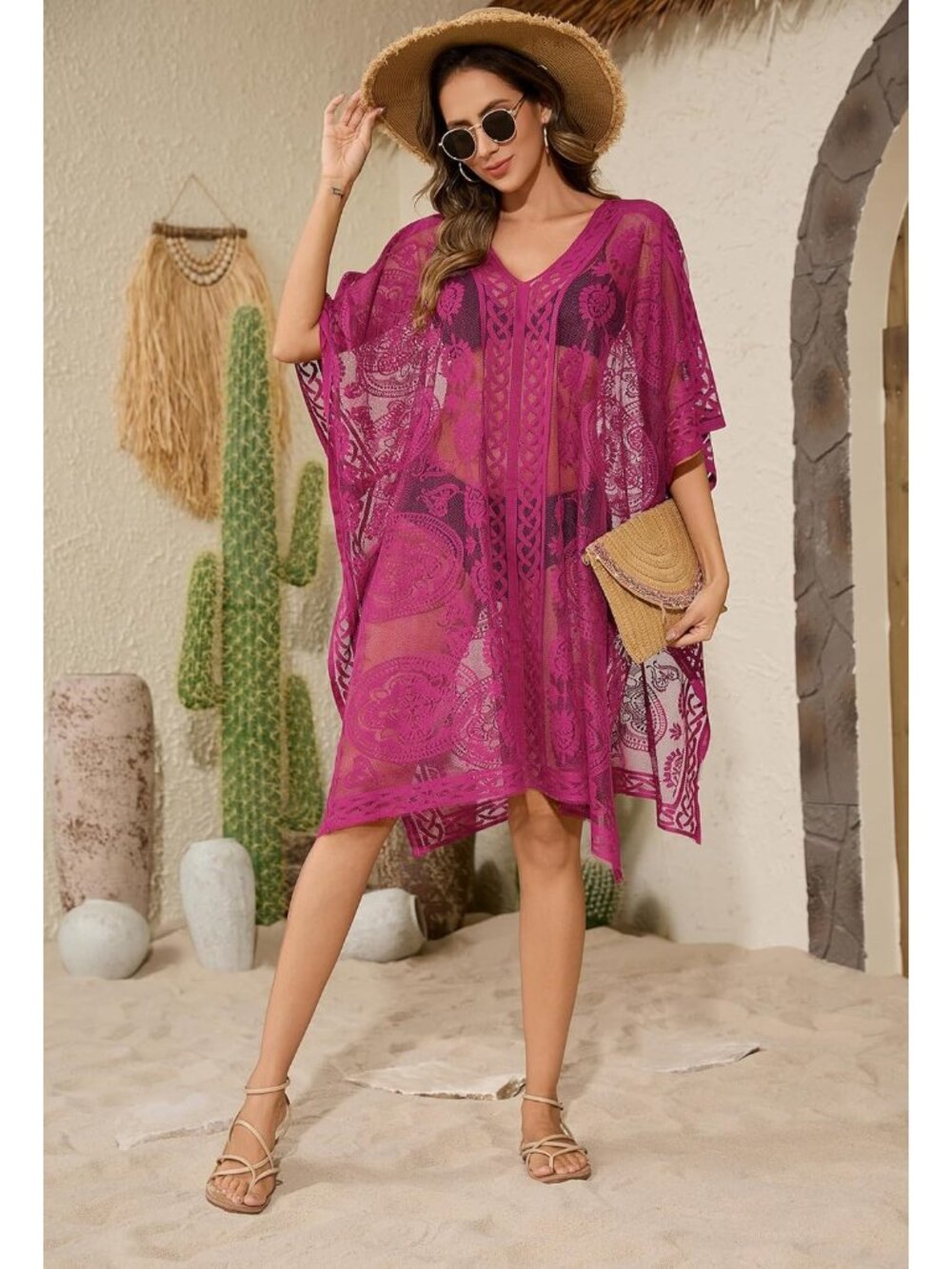 Women's Rose Red Cover Up Bathing Suit V-Neck & half kaftan sleeves - Picture 5 of 7